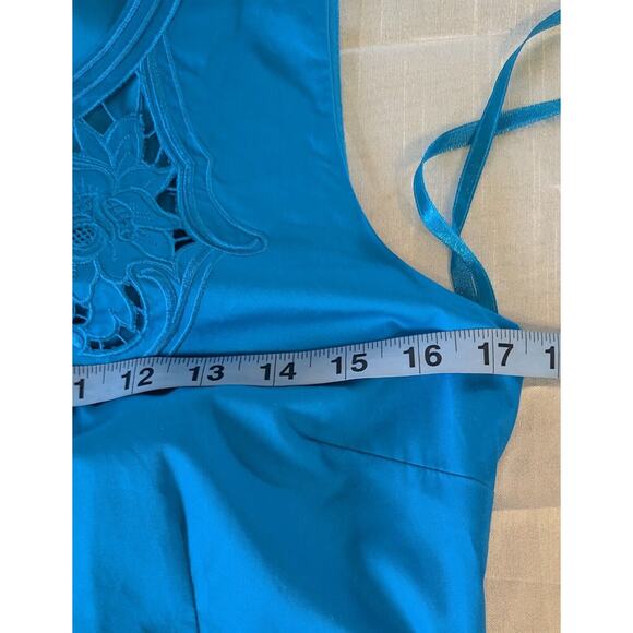 Talbots Turquoise Embroidered Sateen Fit & Flare Tie Waist Dress Size 6p - Picture 7 of 9